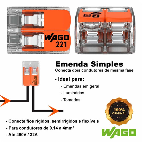 Kit 20 Conector Wago Compacto Emenda 2 Fios 4mm2 32a 221-412