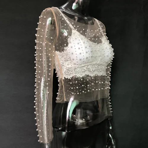 Camisa Transparente De Encaje Con Perlas Para Mujer