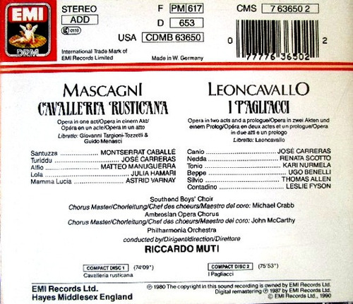Pagliacci / Cavalleria Rusticana - Carreras Muti - 2 Cd.