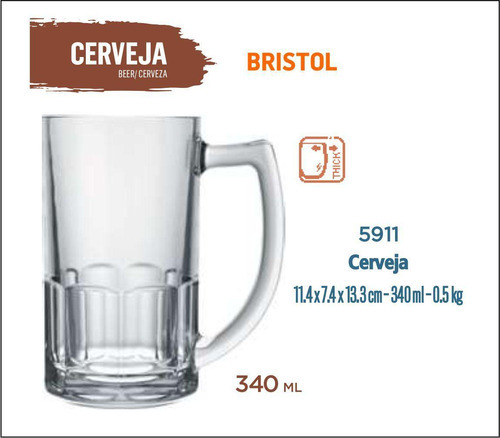 06 Canecas De Vidro Bristol 340ml - Chope Cerveja