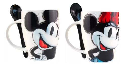 Dúo Tazas Set 2 Pza Con Cuchara Mickey Minnie Mouse 100 Años
