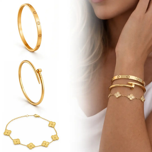 Kit 3 Pulseiras Bracelete Feminino Trevo Prego Love Aço Inox Banhada A Ouro 18k Pulseira Feminina Banho Dourado Dourada Braceletes Semijoia Folheada
