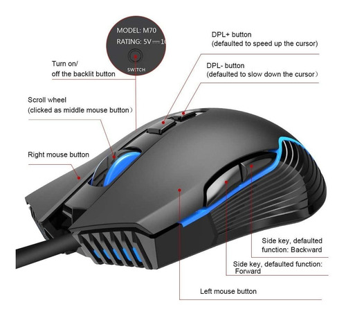 Black 7 Programmable Buttons 7200 DPI LED Backlit M70 Wired Gaming Mouse Comfortable Computer Gaming Mice for Windows 7/8/10/XP Vista Linux NPET M70 Wired Gaming Mouse Ergonomic Optical PC