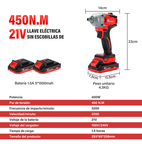 Pointekx Llave de Impacto Inalámbrica 1/2" con Motor Sin Escobillas, Torque Máximo 332 ft-lbs (450 N.m), Pistola de Impacto 21 V, Destornillador Eléctrico 1/4", 2*1.5Ah Baterías y Maletín Herramientas