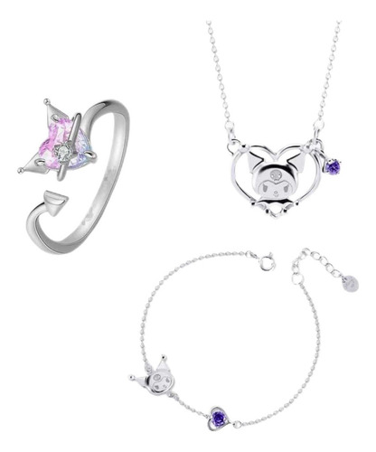 Collars Set Kuromi Mujer Anillo Collar Y Pulsera Moda 3pcs