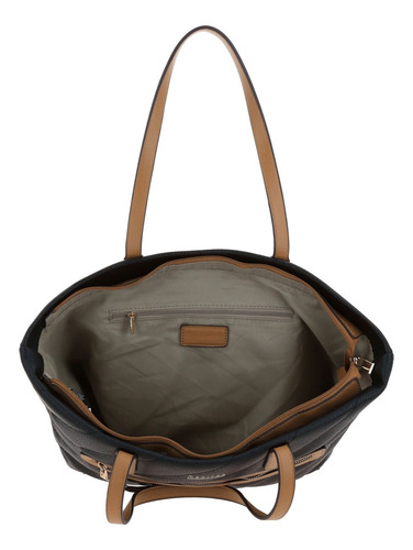 Bolso De Dama Grande Chenson Madison Miuni Color Negro Acabado De Los Herrajes Níquel Correa De Hombro Marrón Claro Diseño De La Tela Lisa
