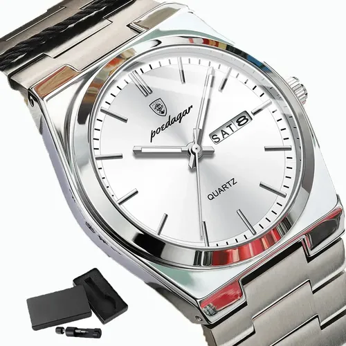 Relogio Masculino Poedagar 930 Luxo Quartzo Inox Com Data Prateado Branco