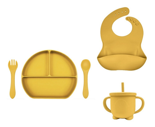 Plato Con Tapa + Cubiertos + Babero + Vaso Antiderrame