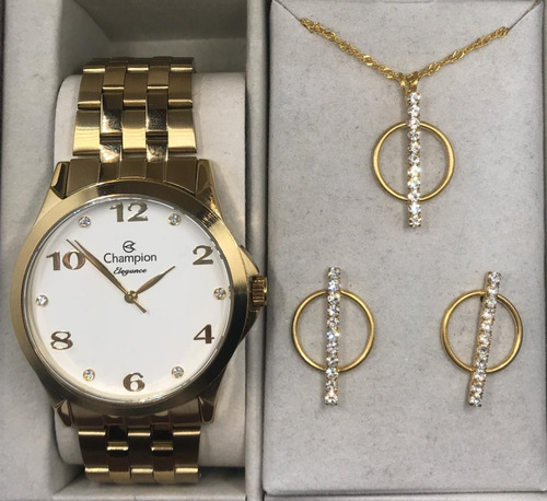 Relógio Champion Dourado Feminino Original + Colar E Brincos