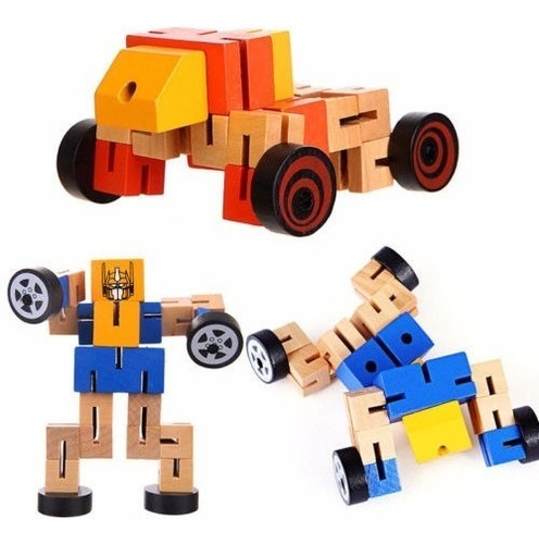 Imagen 7 de 9 de Robot Transformer De Madera Muñeco Articulado Infantil