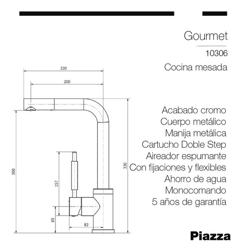Imagen 2 de 5 de Griferia Cocina Monocomando Piazza Gourmet Pico Alta 10306