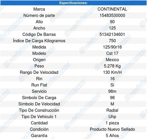 Llanta 125/90r16 98m Continental Cst 17 Run Flat