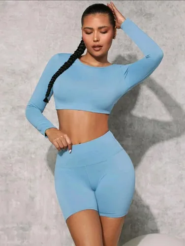 Conjunto Deportivo Biker Short + Crop Top Azul Ref. 5120
