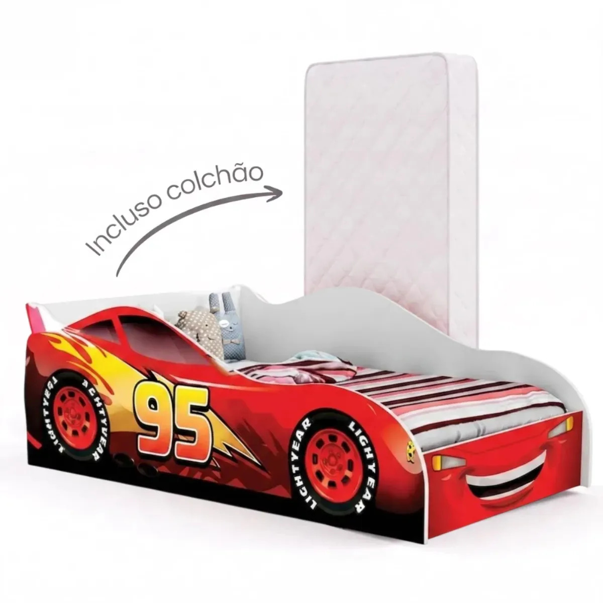 Cama Mini Carro Infantil Montessoriana Personagem Meninos 95 Vermelho Mc Queen Adesivada Temática MDF Colchão Incluso Para Quarto Criança - Av Móveis