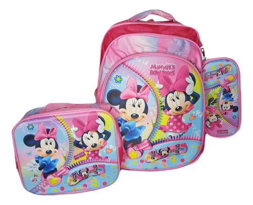 Mochila 3d Con Luz Minnie Mouse En Combo Lapicera + Lonchera