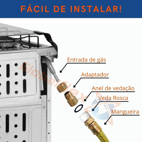 Imagem 2 de 7 de Kit Instalação Gás Encanado Mangueira 80cm+registro+adaptado