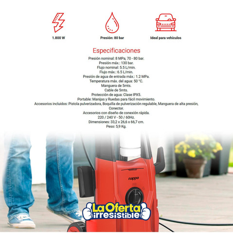 Imagen 3 de 4 de Hidrolavadora Nappo 1800w Jabonera 5mts Manguera Loi Chile
