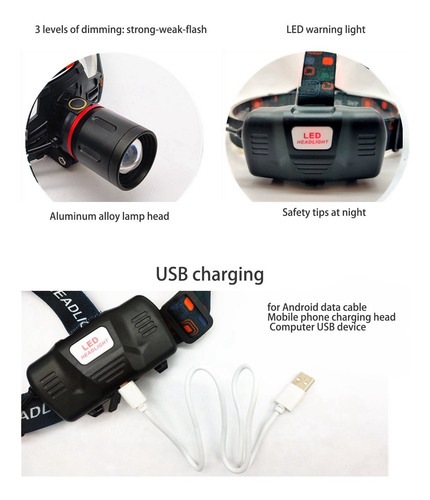 Linterna Frontal Led, Luz Verde, Impermeable, Carga Usb