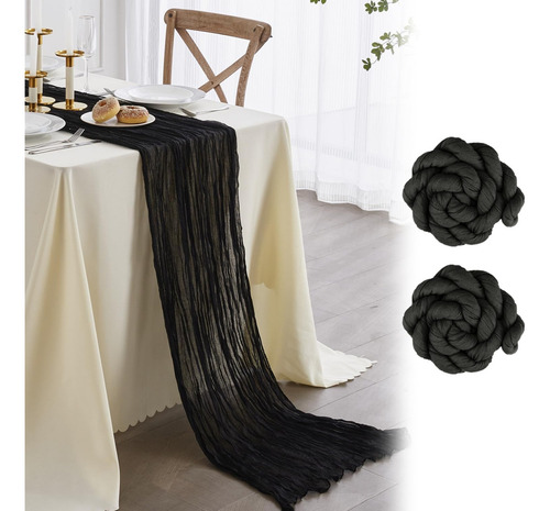 2pzs Caminos De Mesa Gasa Elegante Boho Decoración Boda Color Blanco Black Mantel Decorativo Decoración de Mesa Decoración de Fiesta Bebé Bautizo Cumpleaños Celebración Estilo Vintage Decoración