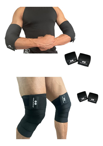 Kit Par De Vendas Para Rodilla Knee Wraps + Coderas Para Gym