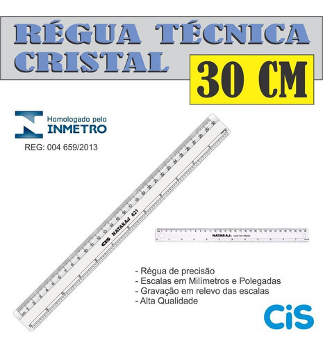 Régua 30 Cm Transparente Desenho Técnico Profissional Cis