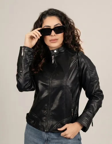 Jaqueta Couro Feminina Biker Forrada Slim Rock Premium Preto