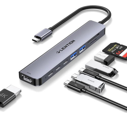 Lention Adaptador Hub 8 Em 1 Usb-c Multiporta Dongle Com 4k 60hz Hdmi 2 Usb C E 2 Usb 3.0 Data Porta Sd Pd 100w Para Windows Pc, Macbook Pro/air, iPhone 15, Mais, Adaptador De Driver Estável