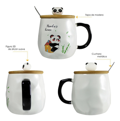 Ajooy Taza Cerámica Con Tapa Cuchara Panda 3d Silicón Regalo