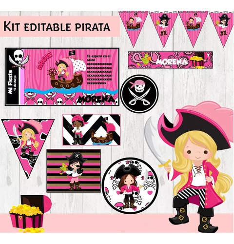 Kit Imprimible Pirata Rosa Candy Bar