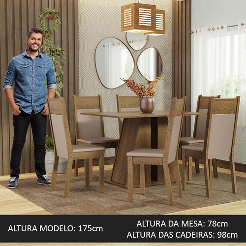 Sala Jantar Mesa Tampo Madeira 6 Cadeiras Beverly Madesa R Cor Rustic/Sintético Bege