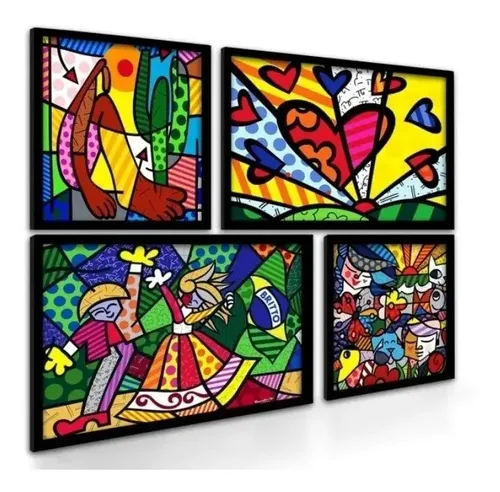 Kit 4 Quadros Romero Britto Com Molduras Mdf Sala Hall Home ...