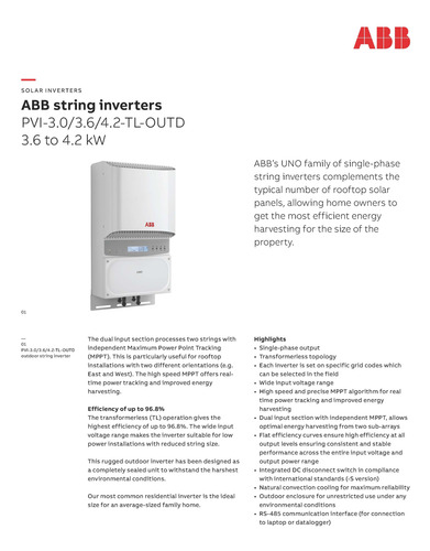 Inversor Solar String Abb Pvi-4.2-tl-outd 4.2 Kw