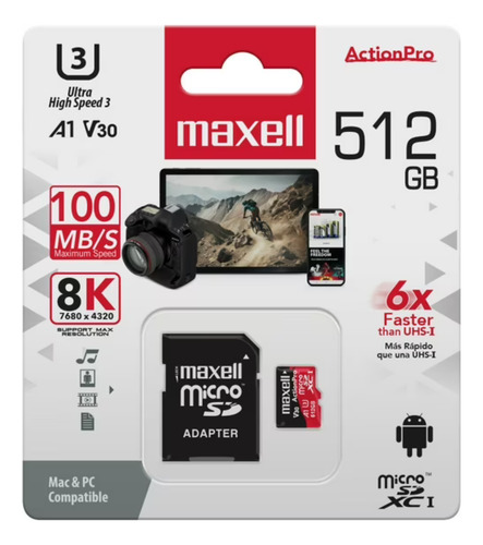 Memoria Micro Sd Maxell 8k 100mb/s 512gb A1 V30 Mcsd-512u3