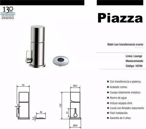 Grifería De Bidet Monocomando Cromado Piazza Lounge + Acc