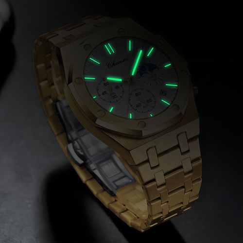 Reloj De Cuarzo Chenxi Moon Phase Chronograph Color Del Fondo Dorado/negro