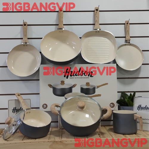 Imagen 4 de 7 de Set Sarten Wok Olla Cocina Gris Crema Antiadherente 9 Piezas
