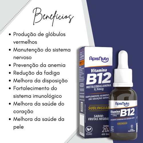Vitamina B12 Sublingual Vegano Apisnutri Em Gotas 20ml