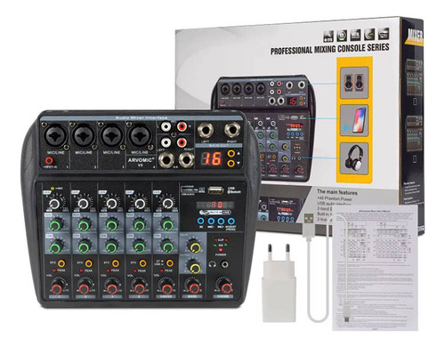 Mezclador 6 canales 16 Dsp Mezcladora de Sonido con 4 Entradas Mono Consola USB y Bluetooth Mixer Audio Alimentación Phantom de +48V Livehouse Karaoke