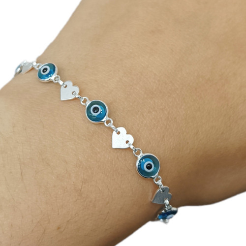 Pulsera Plata 925 Protección Ojo Turco Corazón Mujer