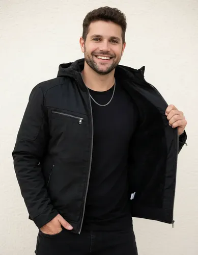 Jaqueta Sarja Masculina Forrada Com Capuz Remov&iacute;vel Frio