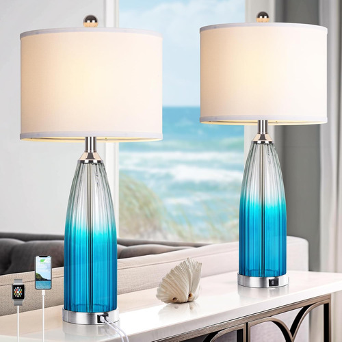 Juego De 2 Lámparas De Mesa De Cristal Azul Con Puertos Usb 