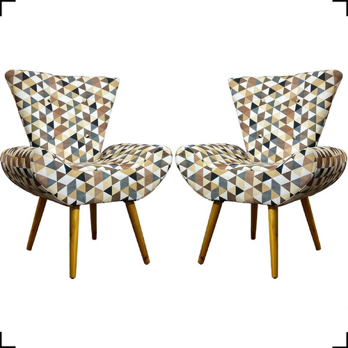 Kit 2 Poltronas Decorativas Napoli Reforçada Suede Estampada Cor Triangulo Bege