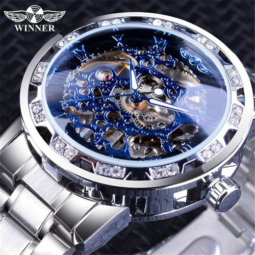 Winner Hombres Reloj Automático Moda Diamante Visualización Color De La Correa Azul Oscuro Color Del Fondo Negro