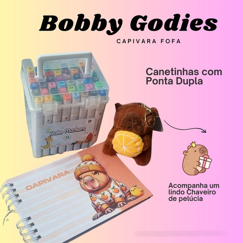 Kit De Colorir Bobbie Goods Capivara, Capa Dura 50 Páginas - 48 Canetas Premium Capivara Pelucia