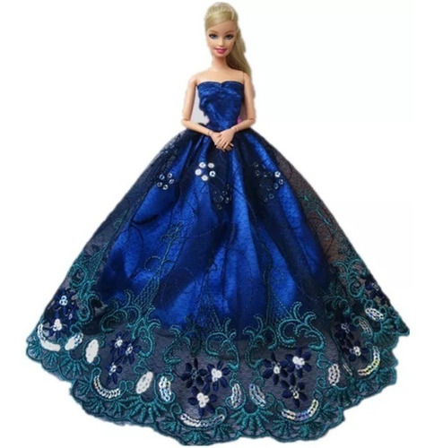 Ropa Barbie Vestido Princesa Encaje Bordado Lentejuelas Azul