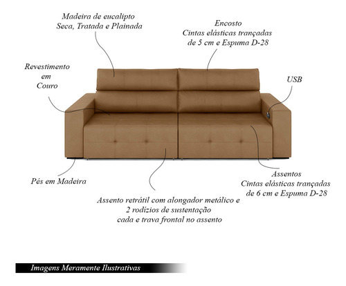 Sofá Retrátil 4 Lugares 264cm Nero Com Usb Couro Caramelo