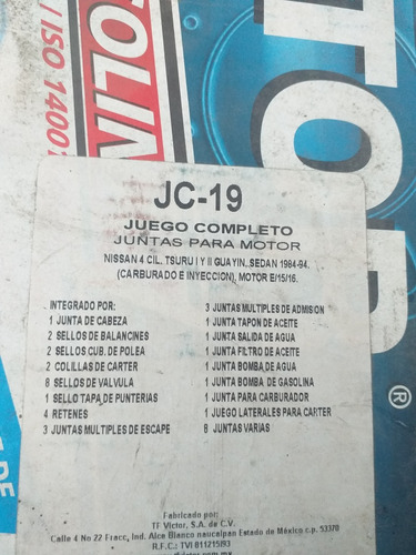 Juntas Para Motor Tsuru 1 Y 11 Guayin Sedan 84-94
