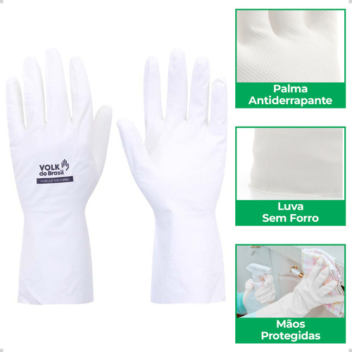 Kit 12 Luva Nitrílica S/ Forro Limpeza Cozinha Branca Volk P