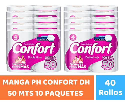 Papel Higiénico Confort Panal 50 Mts Doble Hoja 40 Rollos