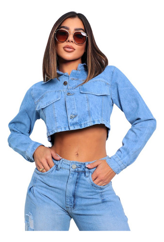 Jaqueta Jeans Curta Cropped Com Detalhe Bordado Clara